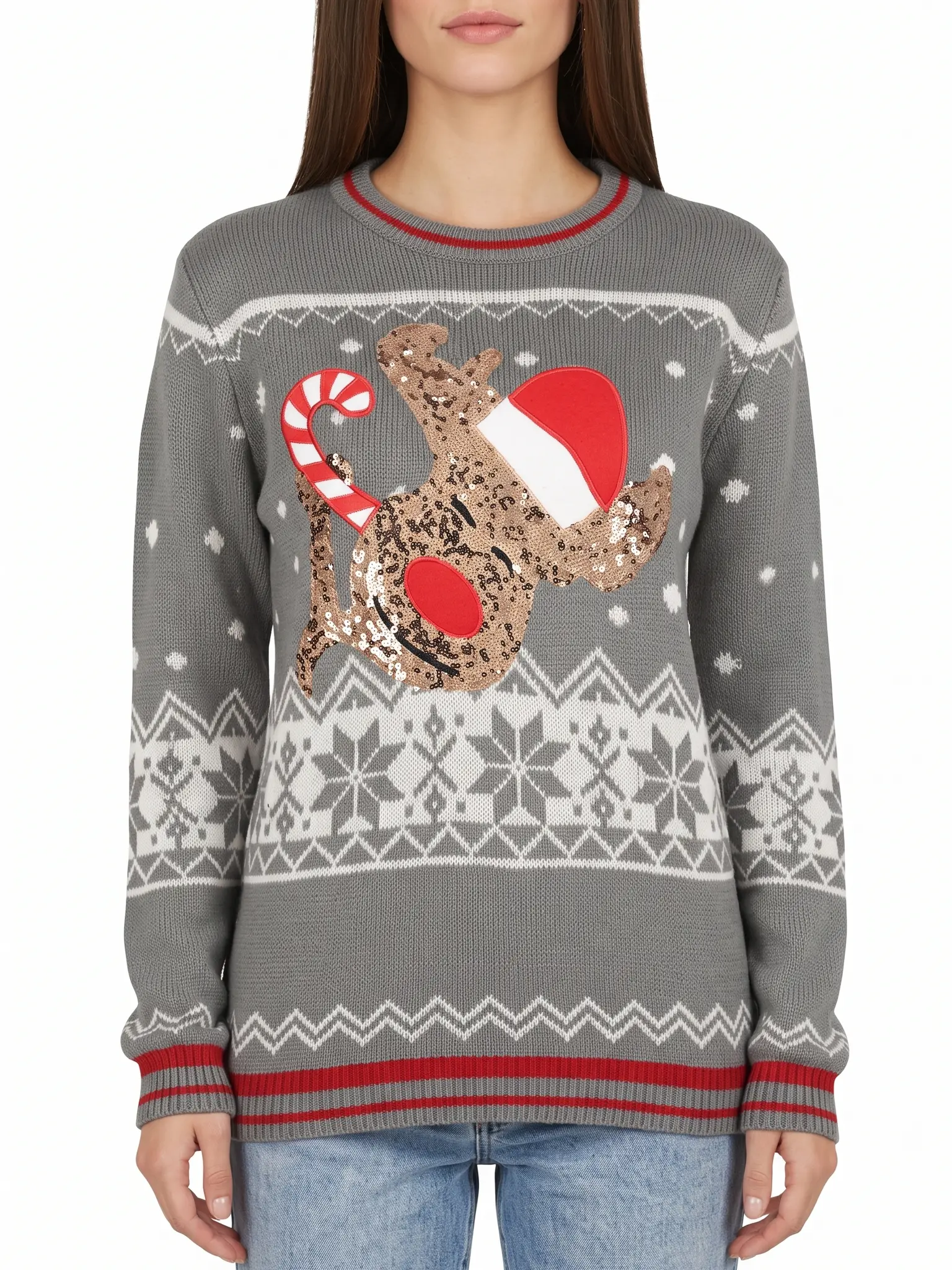 Women's Sequin Reindeer Christmas Sweater, Festive Top for Christmas Parties and Holiday Celebrations