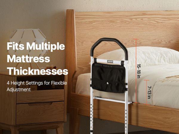 Bed Rail for Elderly, Bedside Assist Rails with Supporting Leg and PU Handrail, Adjustable Height Carbon Steel Pipe Bedside Cane, Bed Bars for Seniors & Patients, Fits King, Queen, Full, Twin