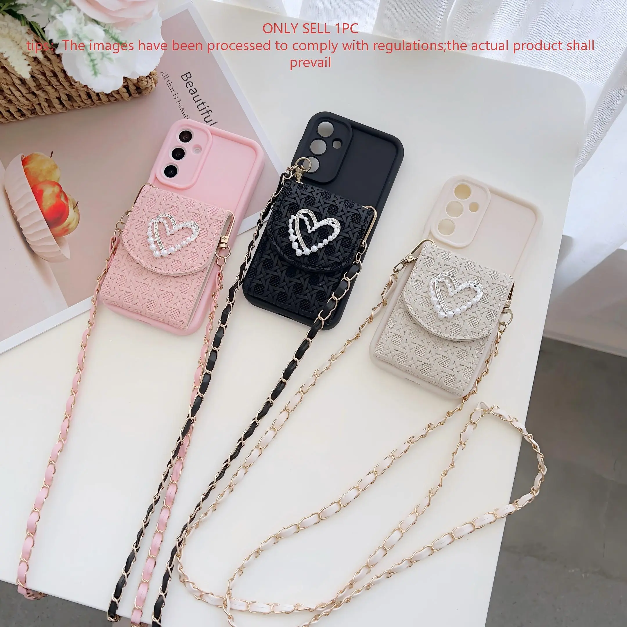 Multi layer card bag phone case - Pearl heart crossbody rope, Protective shockproof, suitable for Samsung series S26/S26Plus/S26U/S20/S20FE/S20U/S21/S21PLUS/S22/S22U/S23/S23U/S23PLUS/S24/S24U/S25/S25U/A05S/A13/A14/A33/A34/A54 Casing