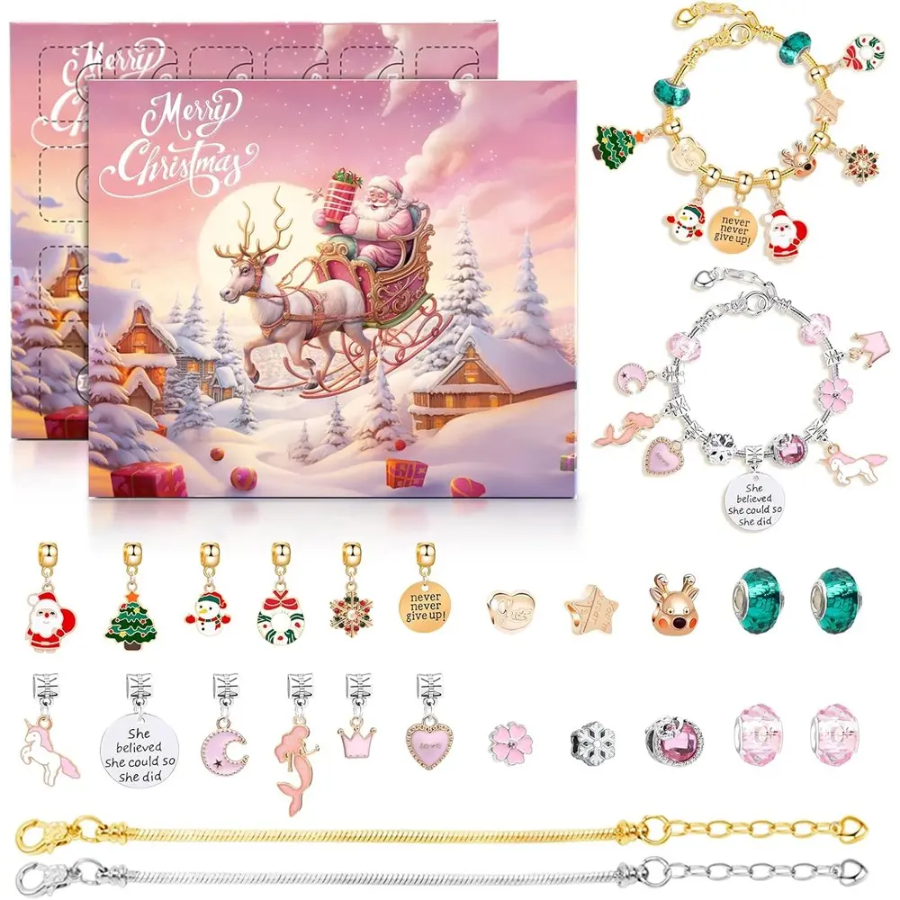 2026 Christmas Decor Pendant Bracelet Countdown Calendar, 22 Pendants and 2 Bracelets Blind Box, 24-Day Countdown Gift Set