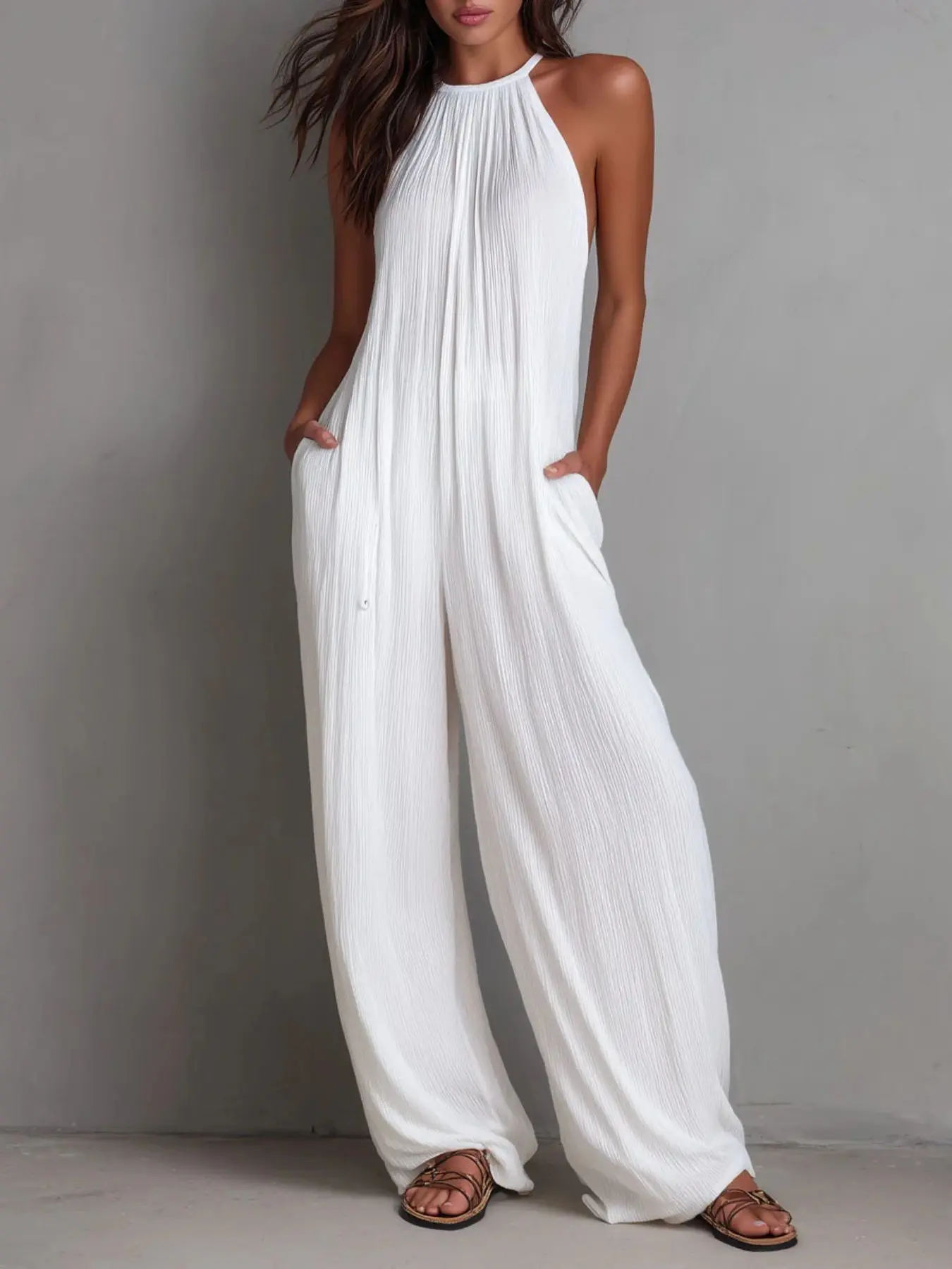 Breathable Crinkled Halter Wide Leg Jumpsuit with Pockets, Flowy Comfy Summer for Vacation Beach, Casual Daily Outing