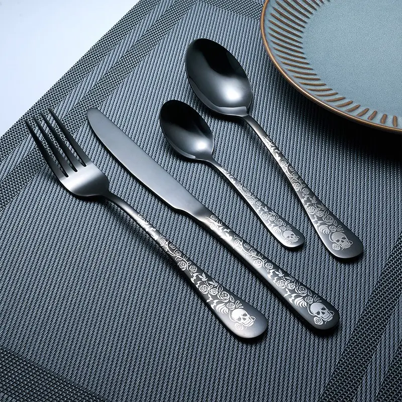 16pcs Stainless Steel Cutlery Set, Vintage Skull Rose Design, Mirror Finish, Dishwasher Safe, High-End Tableware