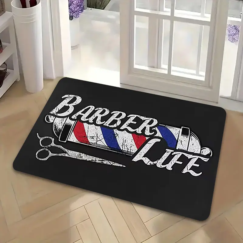 1 piece of a vintage barber shop-themed entrance mat, made of flannel material with thick plush material, featuring the vintage slogan "BARBER LIFE," with red, white, and blue barber-themed rotating light patterns. Suitable for front door mats, foyer mats