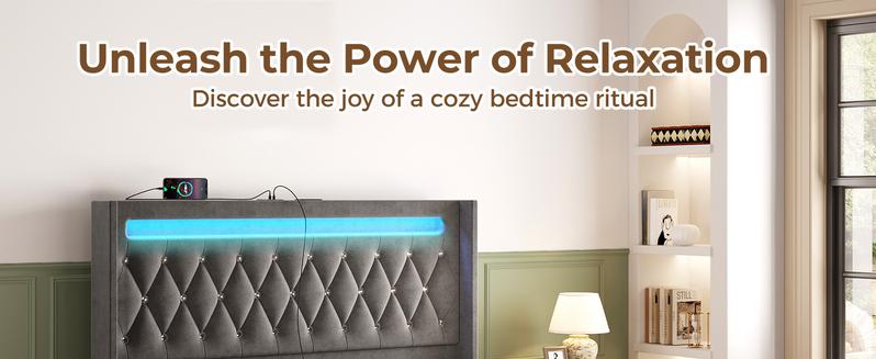 Queen Bed Frame with LED Light and Charging Station, Upholstered High Headboard and Footboard, Wood Slats, Noise Free, Easy Assembly, Grey