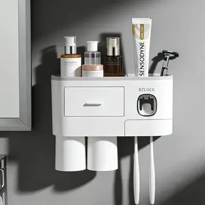 Viral Aesthetic Bathroom Organizer Wall Mounted Toothbrush Holder & Auto Toothpaste Dispenser Home Goods Organizing