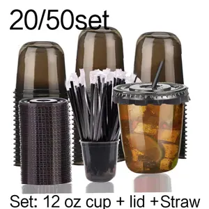 12oz Plastic Cup with Lid and Straw, Transparent Disposable Ice Coffee Cup, U-Shape Takeout Cup, Party Use, Soda Bar Supplies