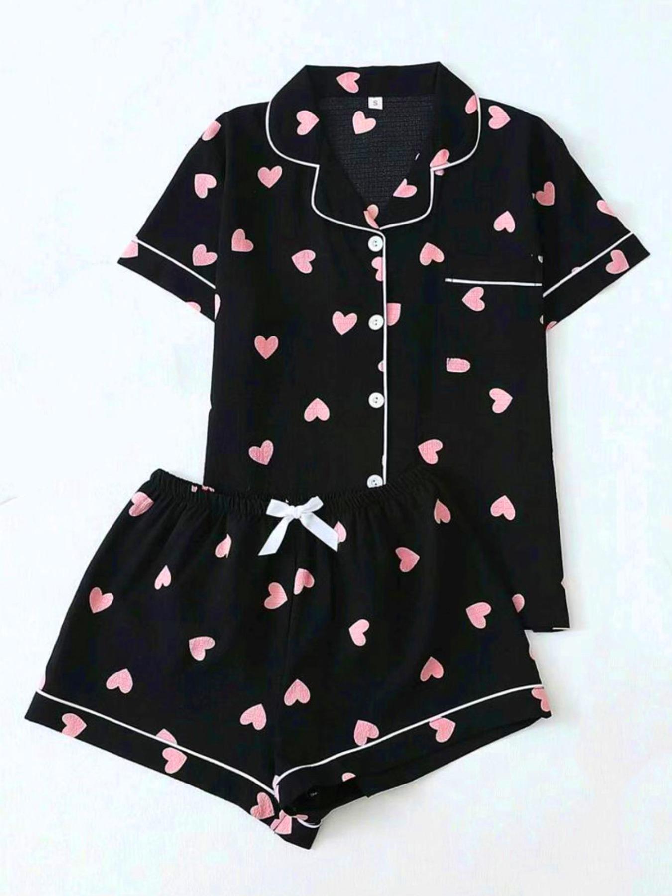 Women's Heart Print Short Sleeve Shirt & Elastic Waist Shorts Pyjama Two-piece Set, Casual Comfy Top & Shorts PJ Set, Ladies Sleepwear for All Seasons Pajamas Loungewear