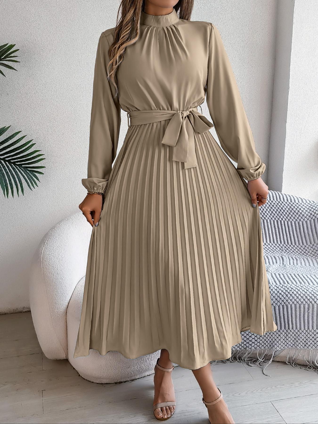 Women's Elegant Chic Long Sleeve Belted Pleated Dress, Spring & Fall Fitted Plain Design, Middle East Style Maid of Honor Gown