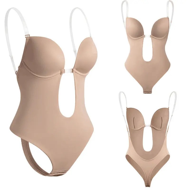 Women U‑Plunge Backless Bodysuit Shapewear, Invisible Seamless Thong Body Shaper, Adjustable Clear Strap Underwear For Wedding Dresses Evening Gowns