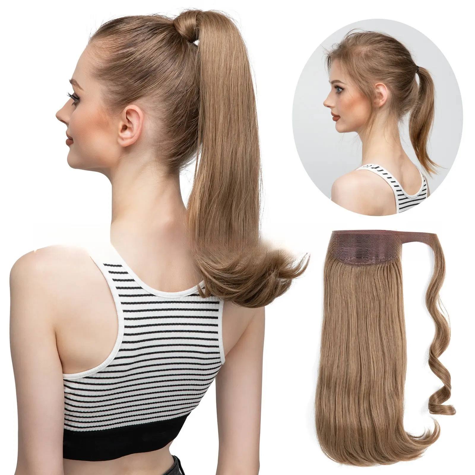 Women's Heat-Resistant Synthetic Fiber Velcro Clip Ponytail - Long Length, Wrap-Around Natural Wave Hair Extension, Export Manufacturer