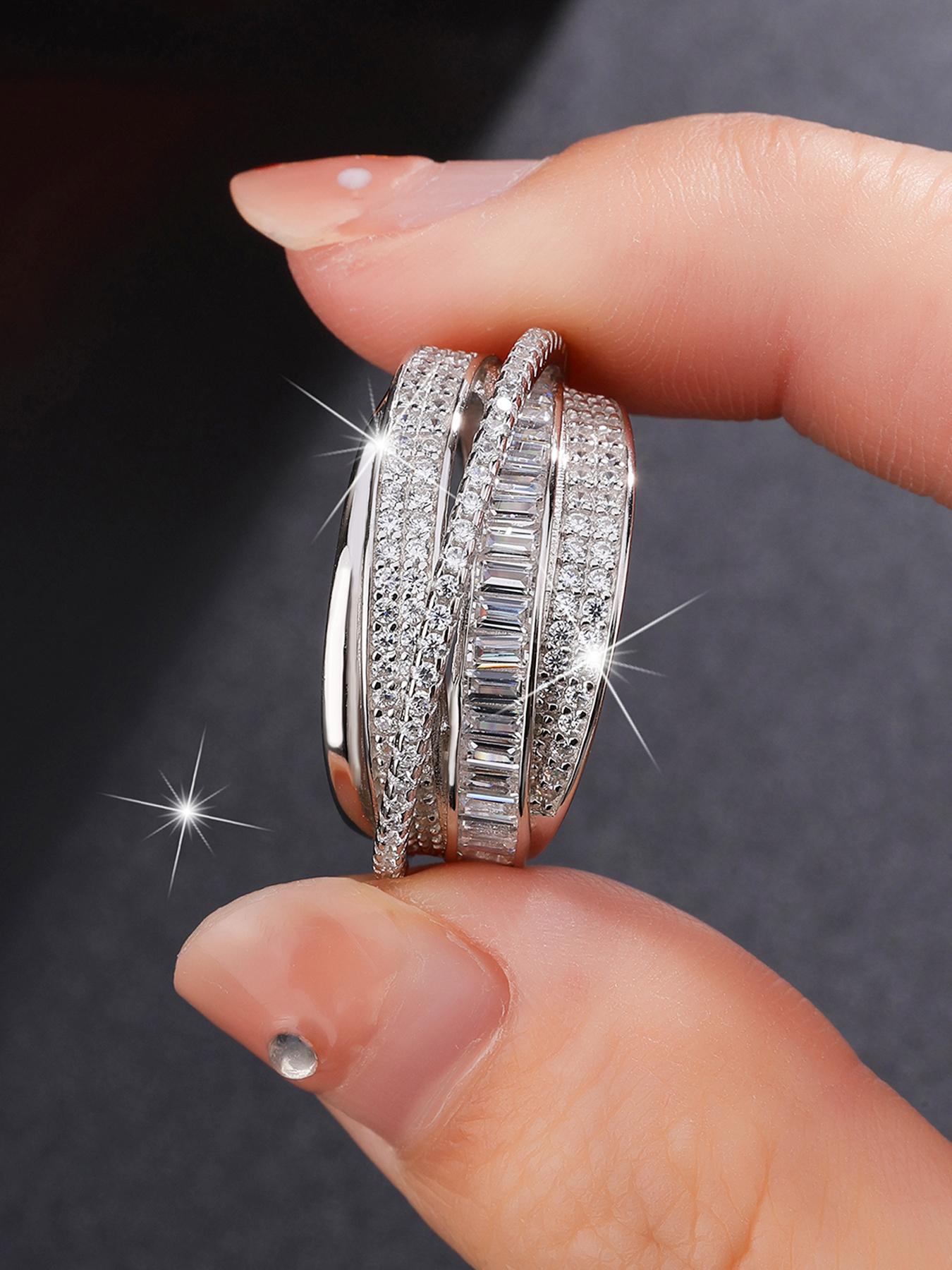 Multi-Layer Artificial Zircon Ring, Stackable Rings, Twisted Design, Unique High-End Style, Low-Key Luxury, Perfect for Dates, Sliver Color
