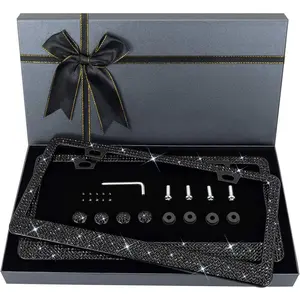 Bling License Plate Frame for Women, 2PCS Sparkly License Plate Frames| Over 1200 pcs14 Facets Bedazzled Clear Glass Diamond Rhinestone Crystals w/Free Glitter Diamond Box (Black)