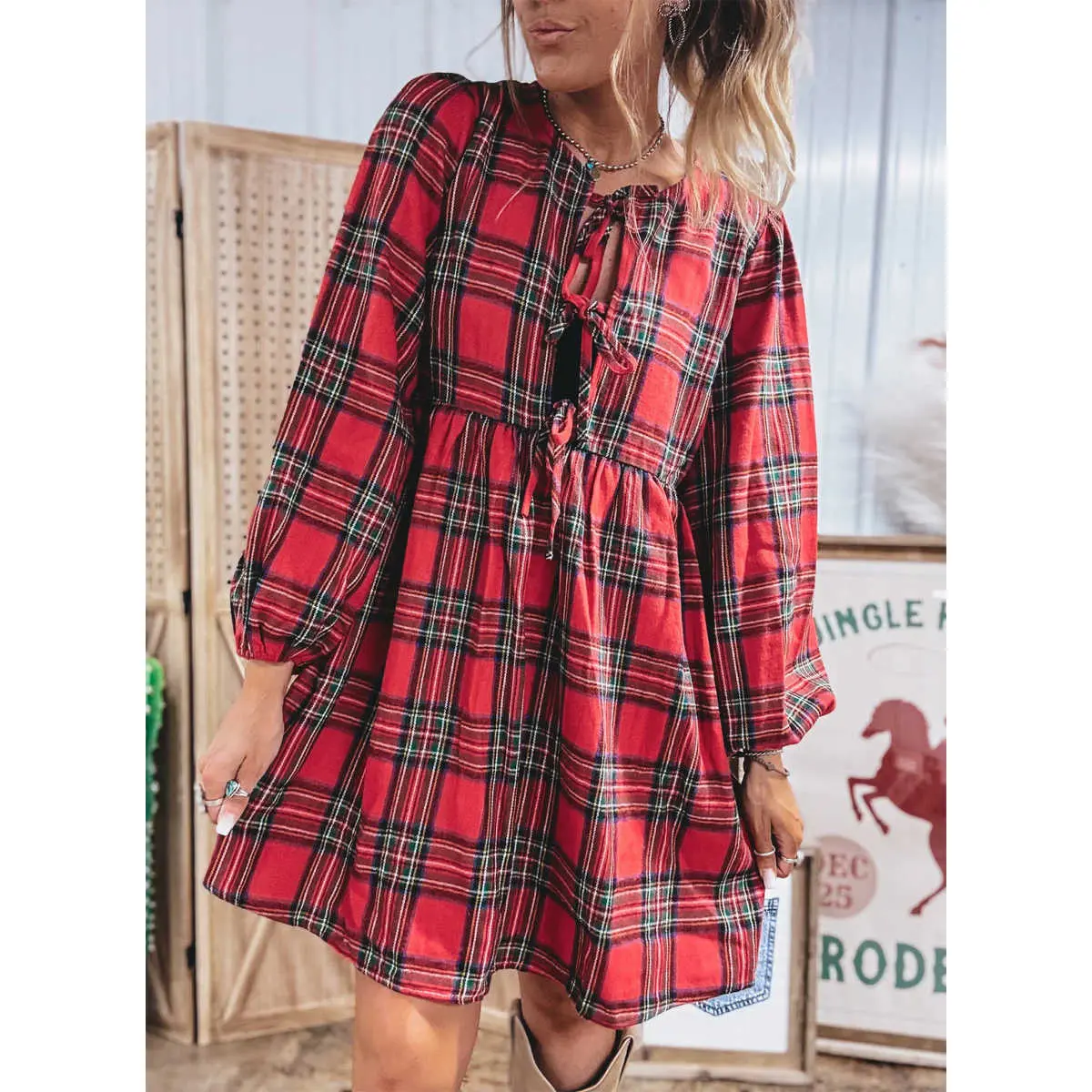 Red Plaid Tie Front Long Sleeve Short Shift Dress