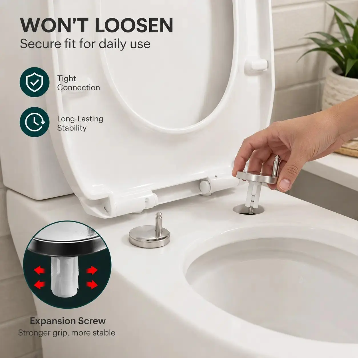 2 Counts Universal Toilet Seat Expansion Screw Bolts, Thickened Stainless Steel, Easy Top-Mount Installation for Loose Toilet Seats