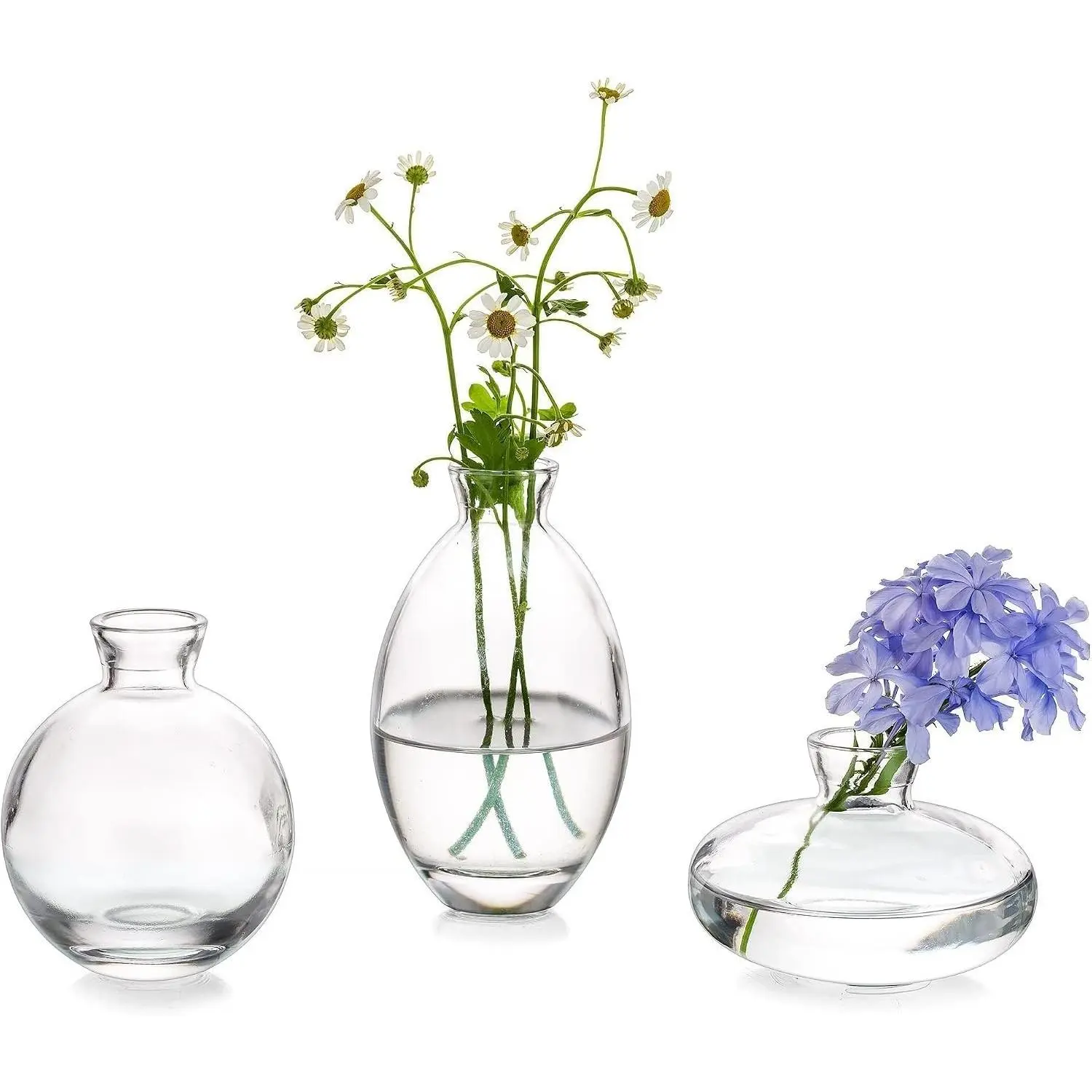 Clear Glass Bud Vase Set of 3, Modern Mini Small Flower Vases, Handmade Cute Table Centerpieces for Single Flowers, Minimalist Tiny Home Decor for Office, Wedding, Events, Short AestheticGift
