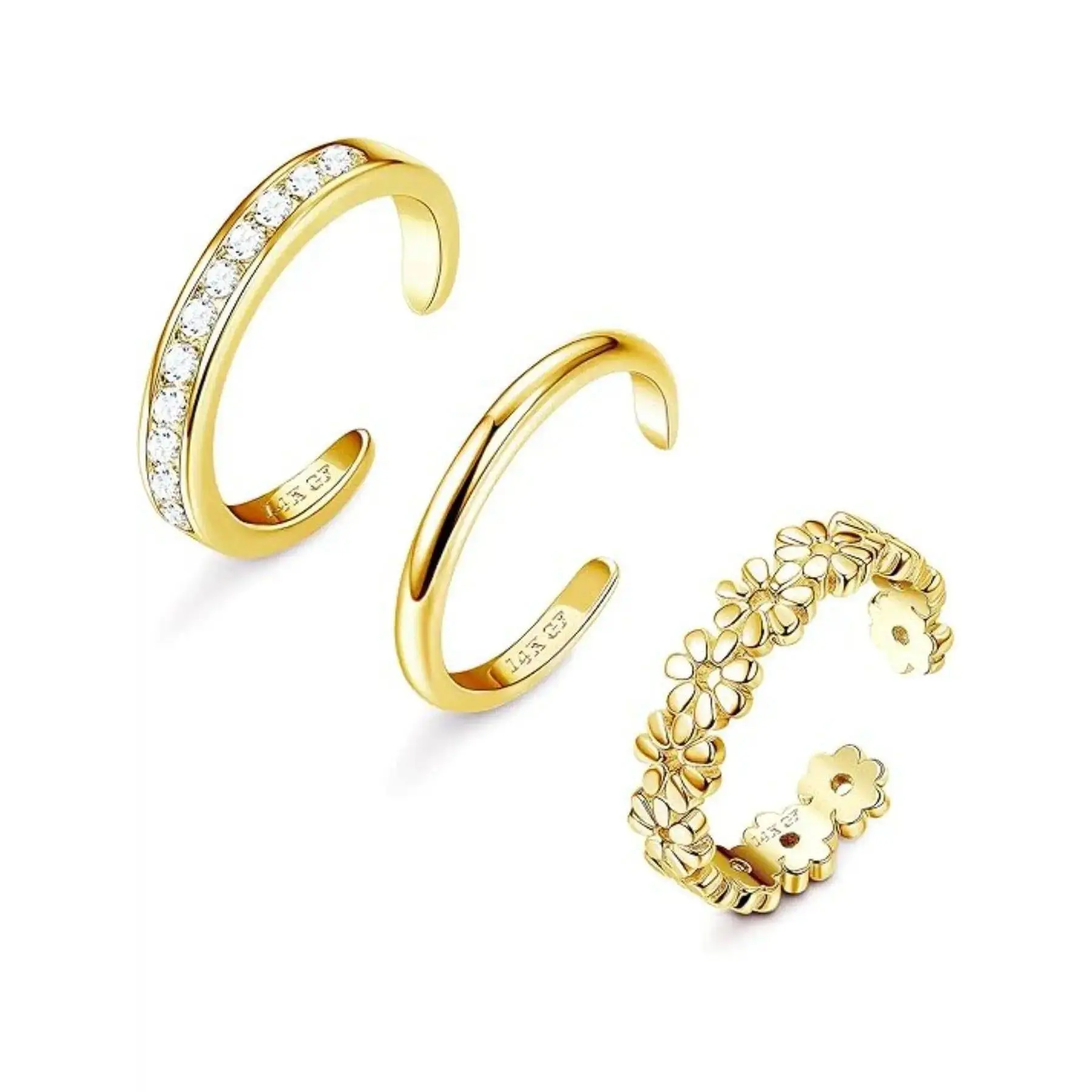3PCS 14K Gold Filled Toe Rings for Women, Adjustable Non Tarnish Open Ring Set with CZ Flower & Sunflower Design, Dainty Summer Beach Jewelry for Vacation, Sandals, Festivals & Daily Wear