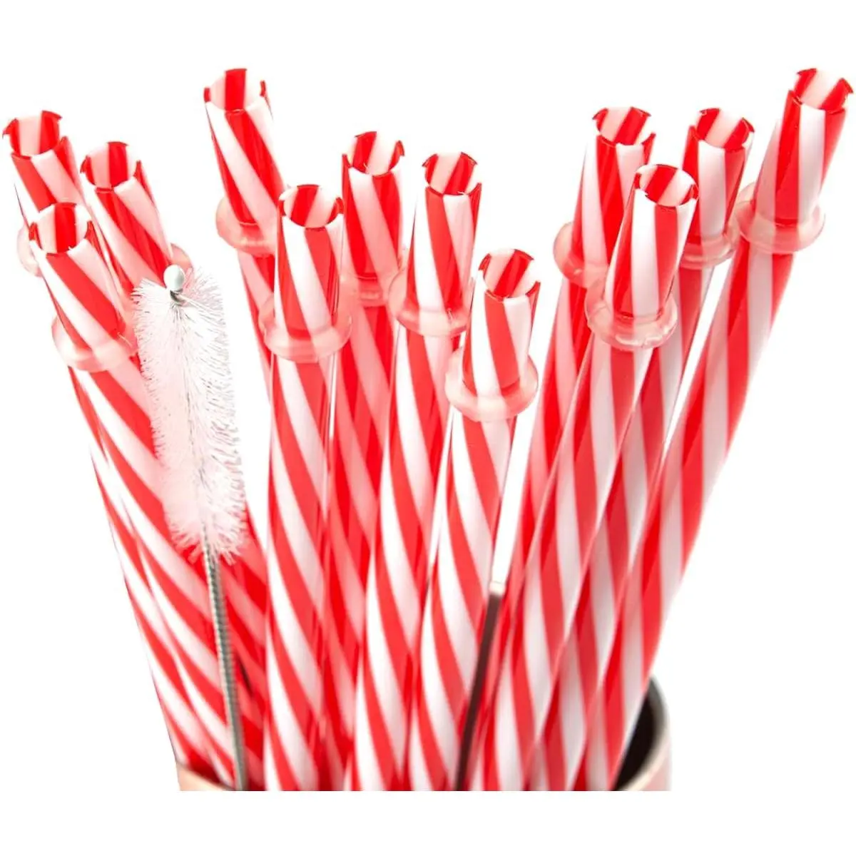 Christmas  Plastic Straws Red and White Striped Straws with Cleaner Brush Xmas Drinking Straws with Rings for Christmas Wedding Party Supplies (12 Pieces 10.5 inch/IN)