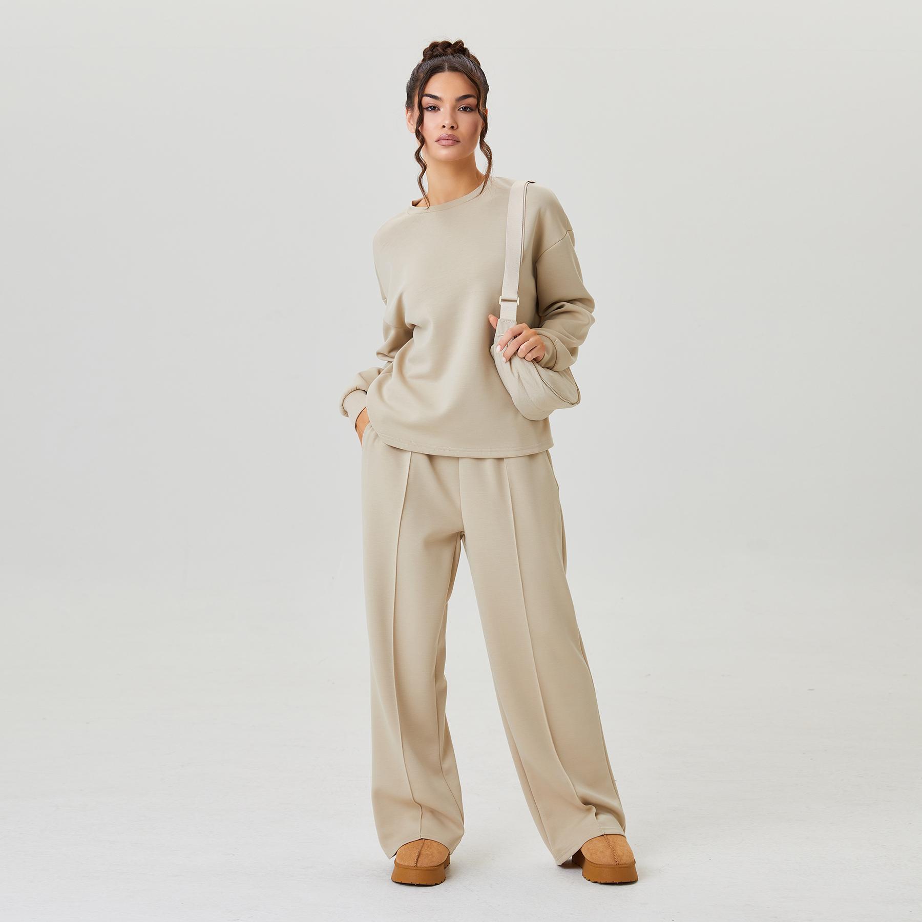 Women's Basic Solid Color Loose Long Sleeve Top & Exposed Stitches Trousers Co-ord (B), Lightweight Round Neck Top & Wide Leg Trousers Two Piece Outfits