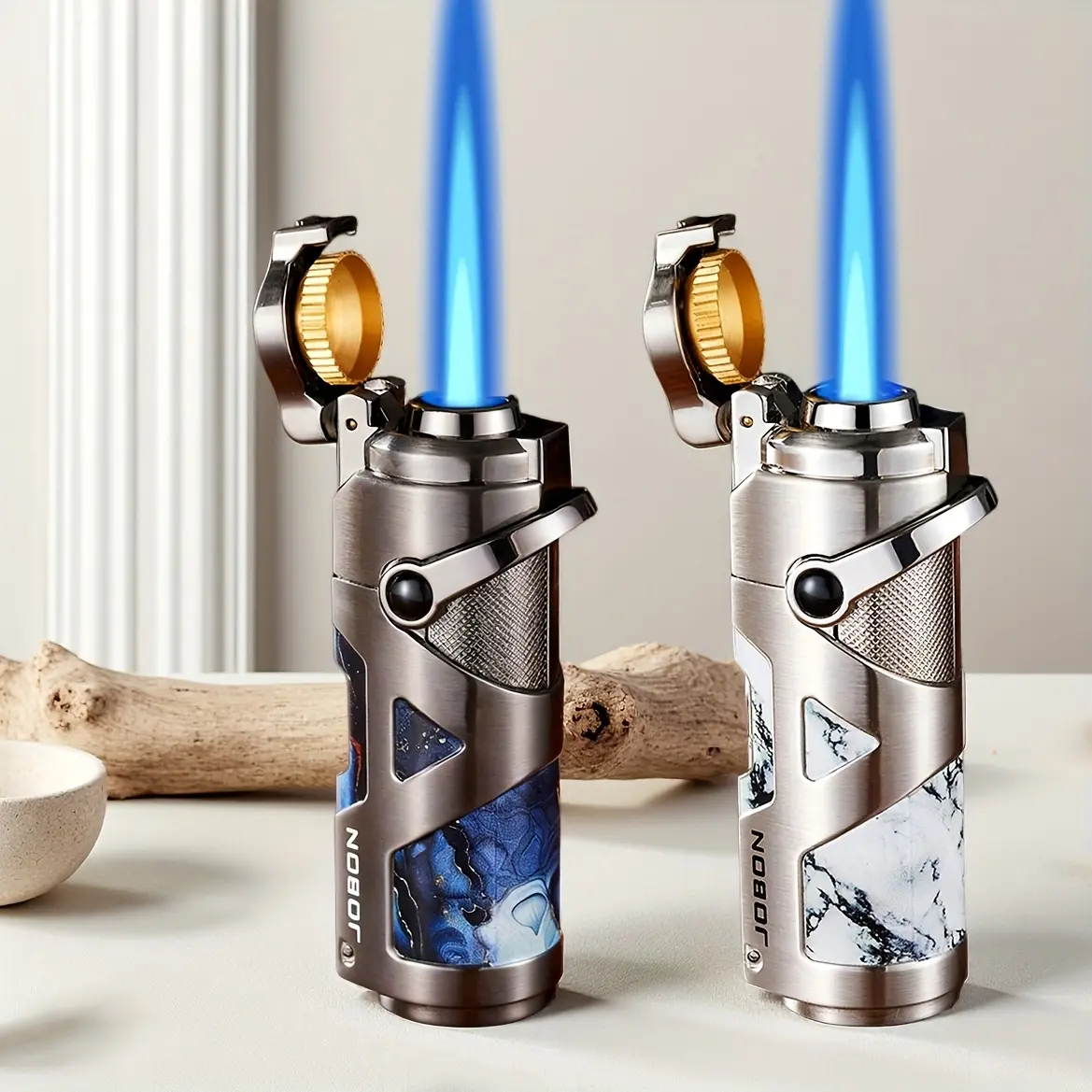 [3-in-1 Windproof Lighter] (No Fuel Include) 3-in-1 Metal Lighter, Creative Ergonomic Tech-Lines Design Windproof Refillable Fuel Jet Blue Flame Lighter with Lid, Including Punch And Draw Enhancer, Made of Zinc Alloy for Home Camping Barbecue
