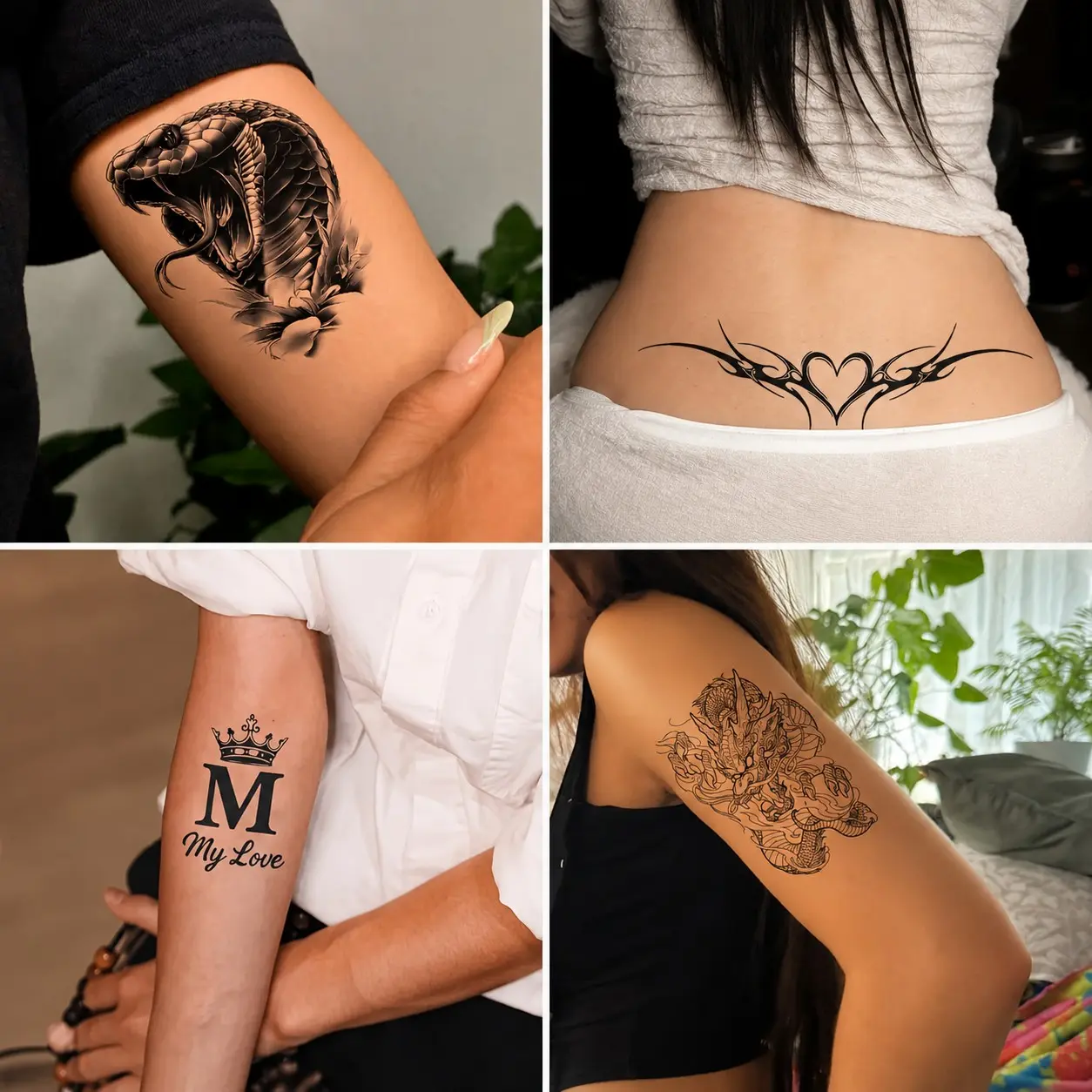 4-Pack Sketch Temporary Tattoos Stickers, Realistic Snake, Tribal Heart, Crown Letters, Dragon Designs, Waterproof, Long-Lasting, Unisex