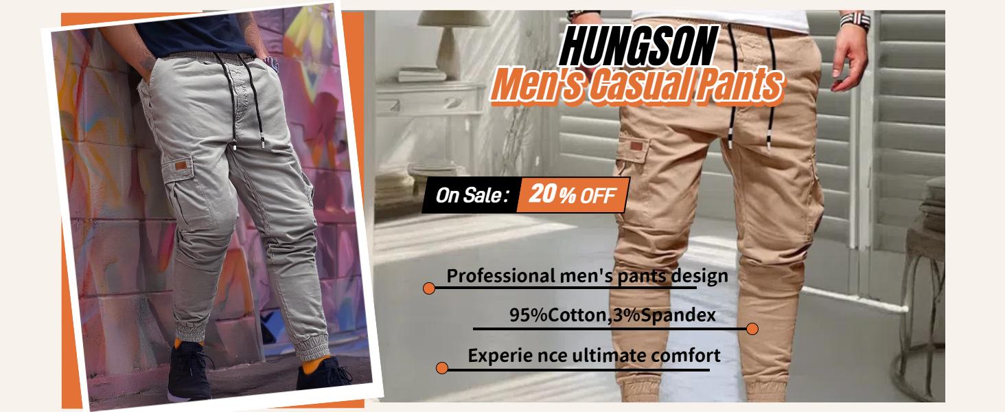 HUNGSON Men's Slim Fit Cargo Pants Slimming Drawstring Mid Waist Casual Trousers for Men Above Ankle Length with Slanted Pockets Versatile Lightweight Bottoms for Daily Wear All Seasons Functional Elastic Waistband for Everyday Wear
