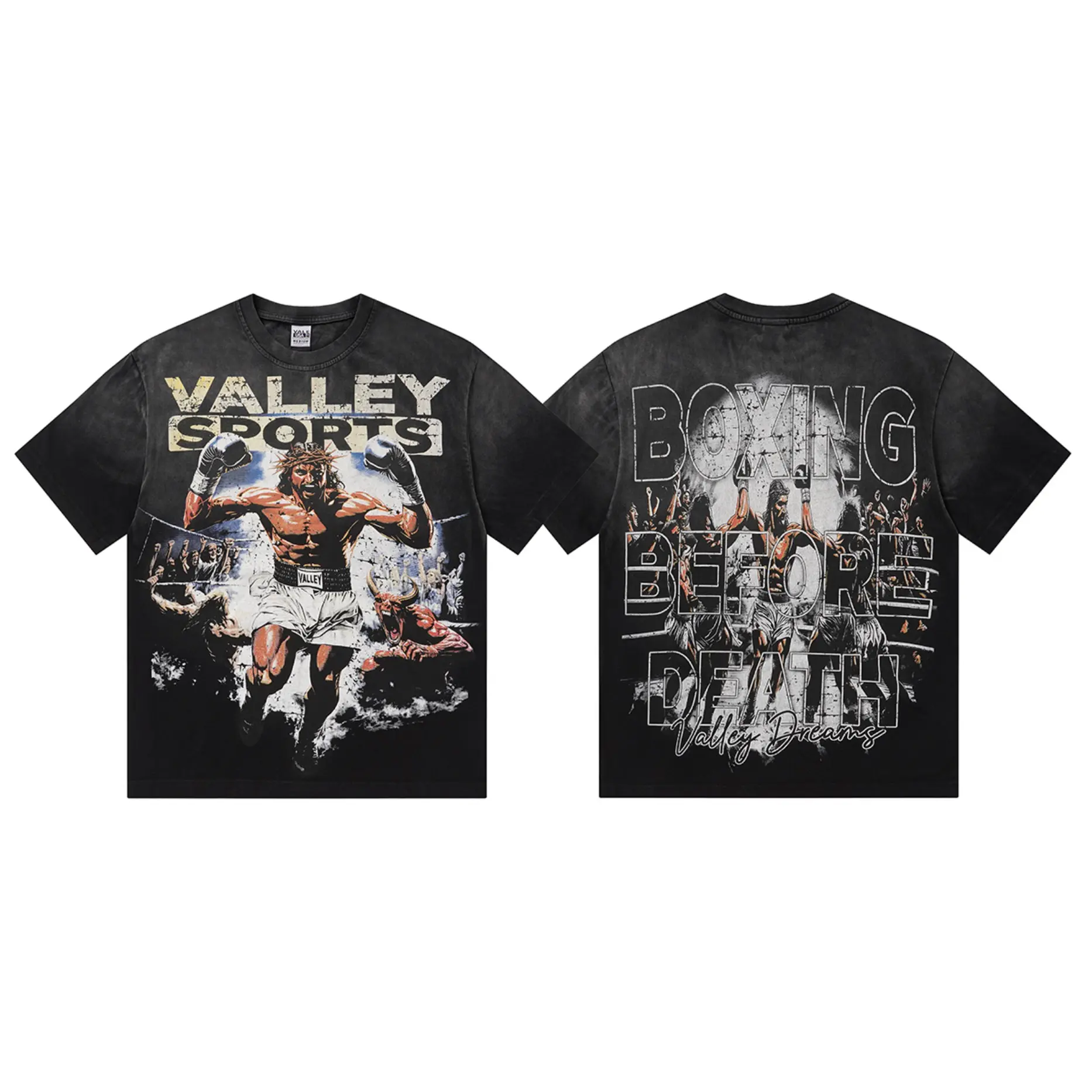 Men's Vintage Acid Wash Oversized Distressed Short Sleeve Boxing Graphic Tee - Double-Sided Fighter Print, 4th Of July Streetwear Outfit Top with Jackets, Plush, Cargo, Matching Human Elements,back to school,back to school haul
