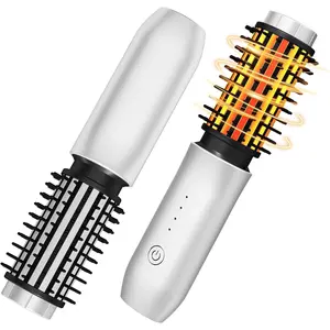 Cordless 3-in-1 Curling Iron Brush 1.5 Inch Mini Travel Rechargeable Heated Round Straightening Brush for Curling Straightening De-frizzing Hair Styling, White