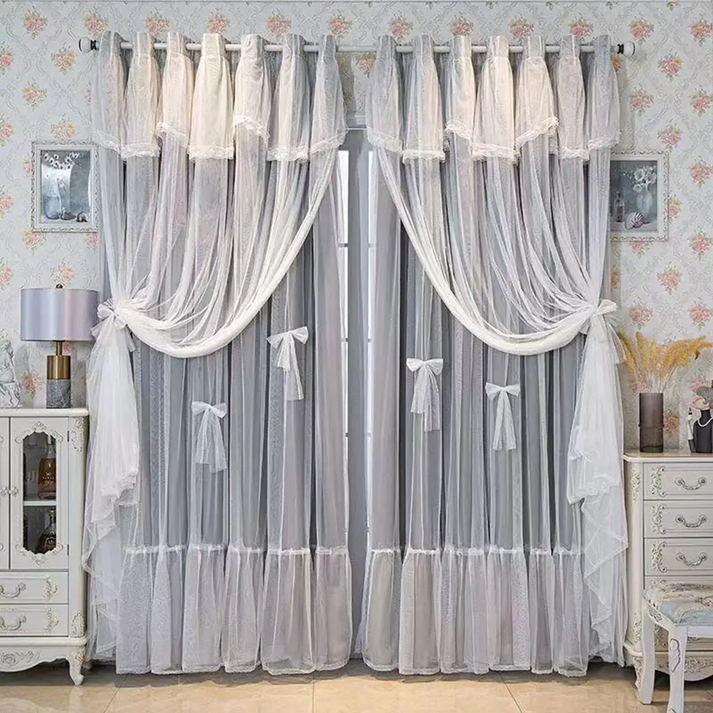 1pc Korean Cream Double Layer Sheer Home Decorative Curtain with Wave Design, Princess Bedroom Lace Drapes for Light Blocking & Living Room Decor, Bedroom Curtains Arch, Window Curtain, Home Decoration Curtain