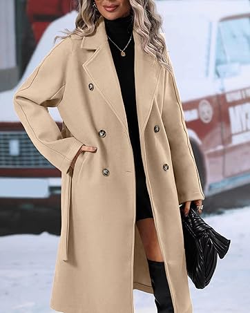 Danedvi Women Elegant Wool Pea Coat Lapel Collar Double Breasted Mid-Long Winter Overcoats with Belted Pockets