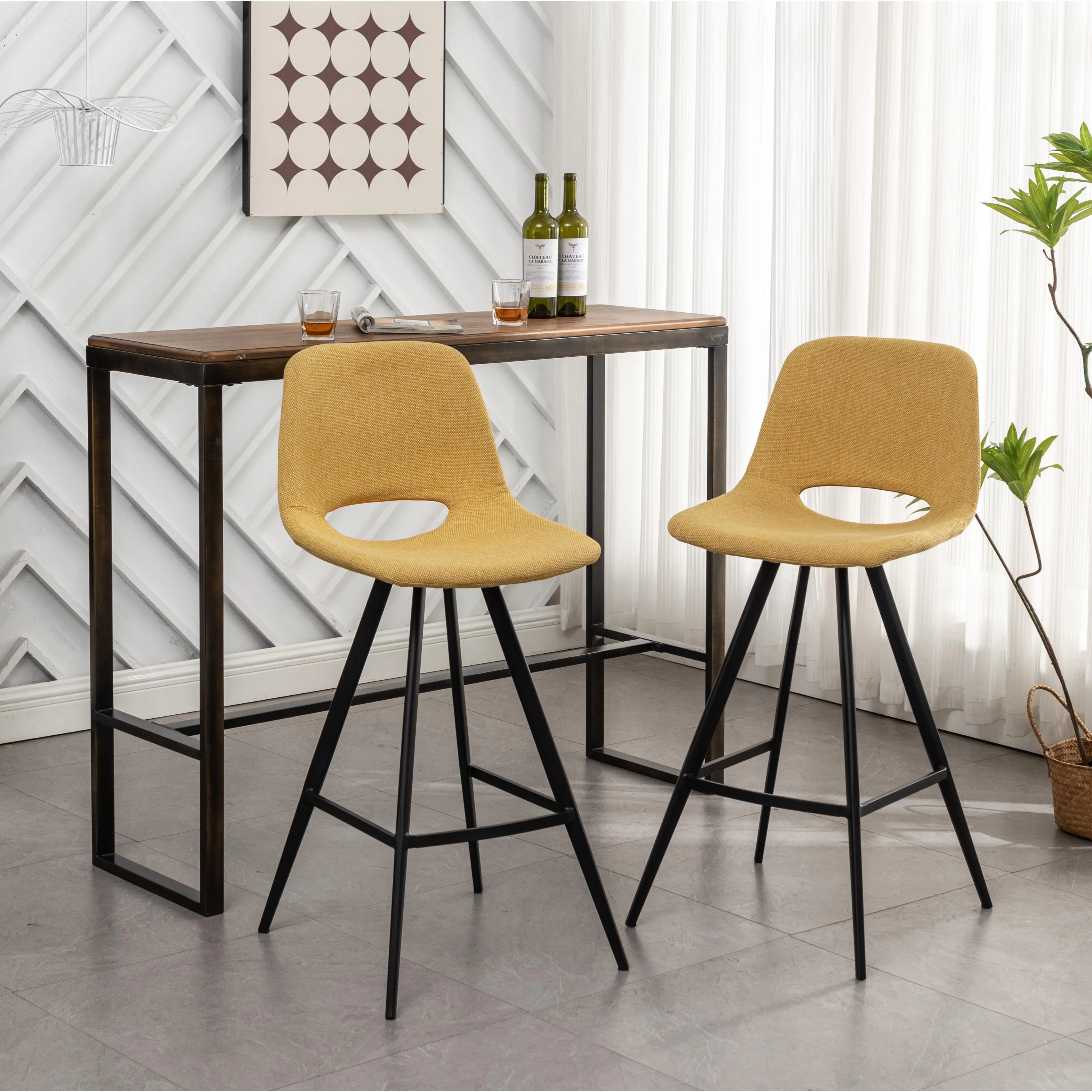ARCH Porth Fabric Counter Height Stools Set of 2 Yellow Polyester Upholstered Barstools with Black Metal Legs and Built-In Footrests for Kitchen Island Dining Room Seating 28.25 Inch Seat Height, Yellow Color Options, Polyester Material