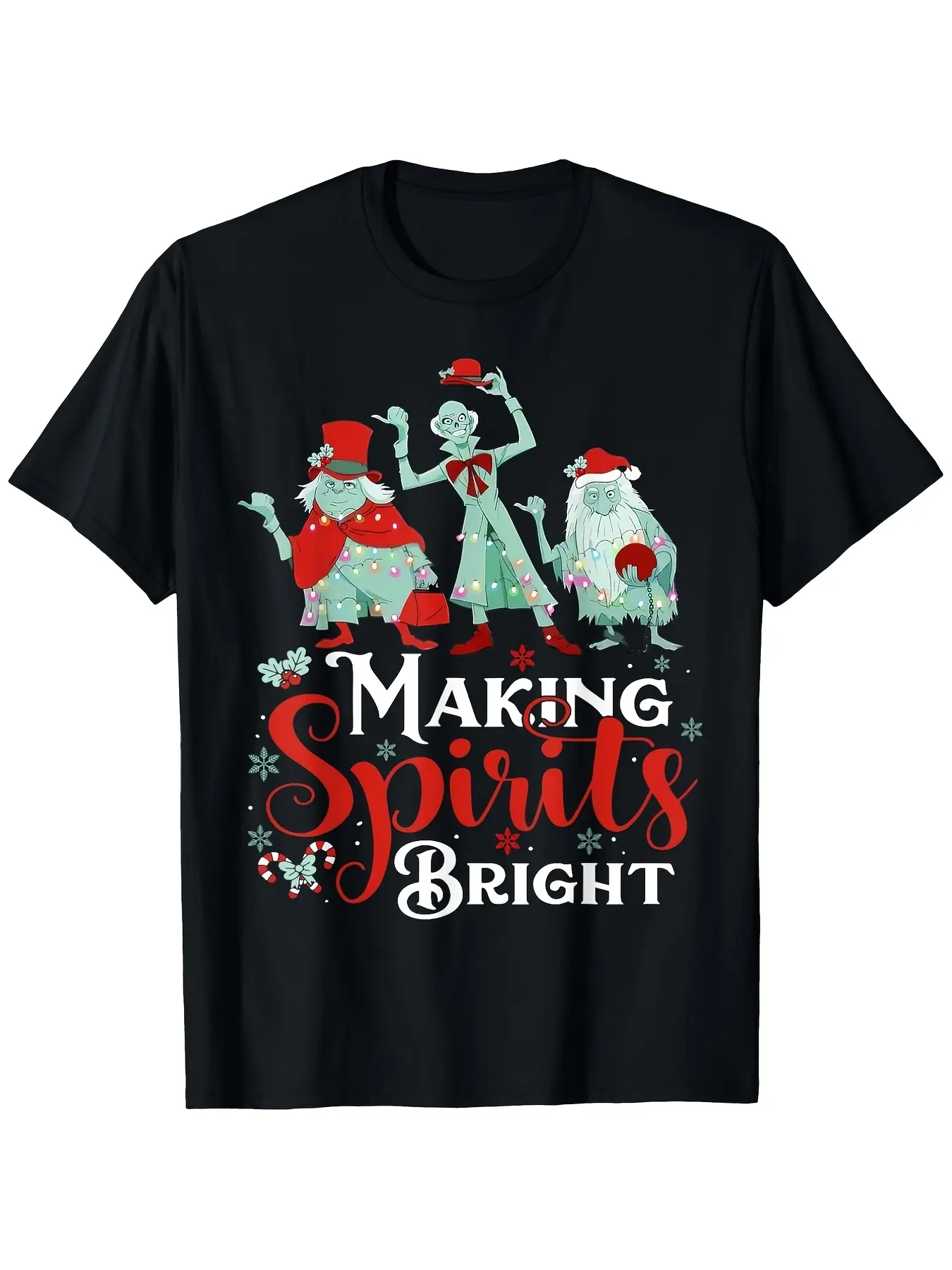 Fun retro Christmas graphic tee with "Making Spirits Bright" slogan and ghostly carolers print. Perfect for holiday parties and year‑round casual occasions