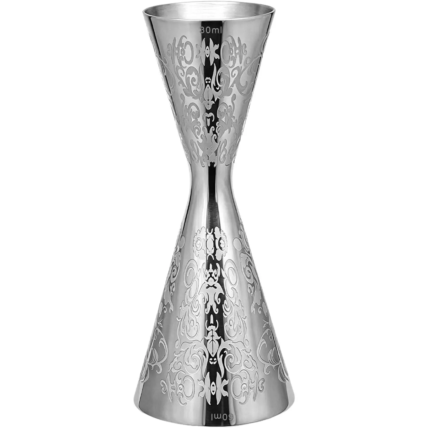 Japanese Style Jigger 1oz/30ml & 2oz/60ml – “Elf Pattern” Engraved Stainless Steel Cocktail Measuring Jigger with Inner Markings (10ml, 20ml, 30ml, 45ml) – Professional Bartending Bar Tool (Silver)
