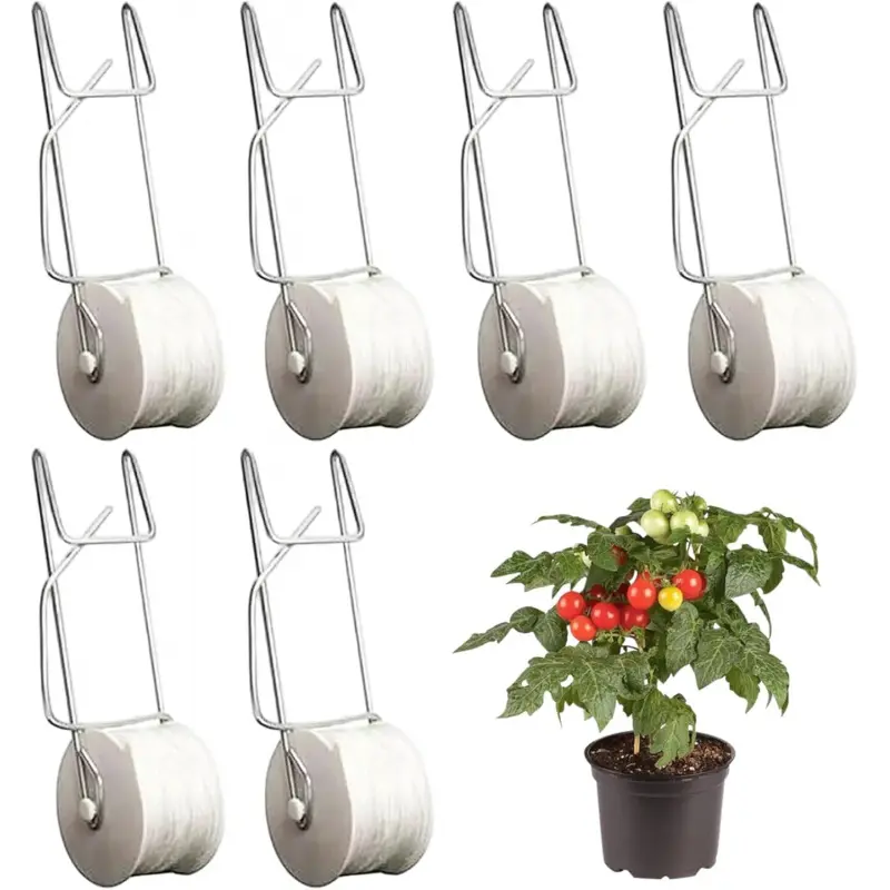 6-Pack Tomato Hooks, Hanging Trellis Plant Support with Roller Clips and 15m Rope, Perfect for Greenhouse Cultivation