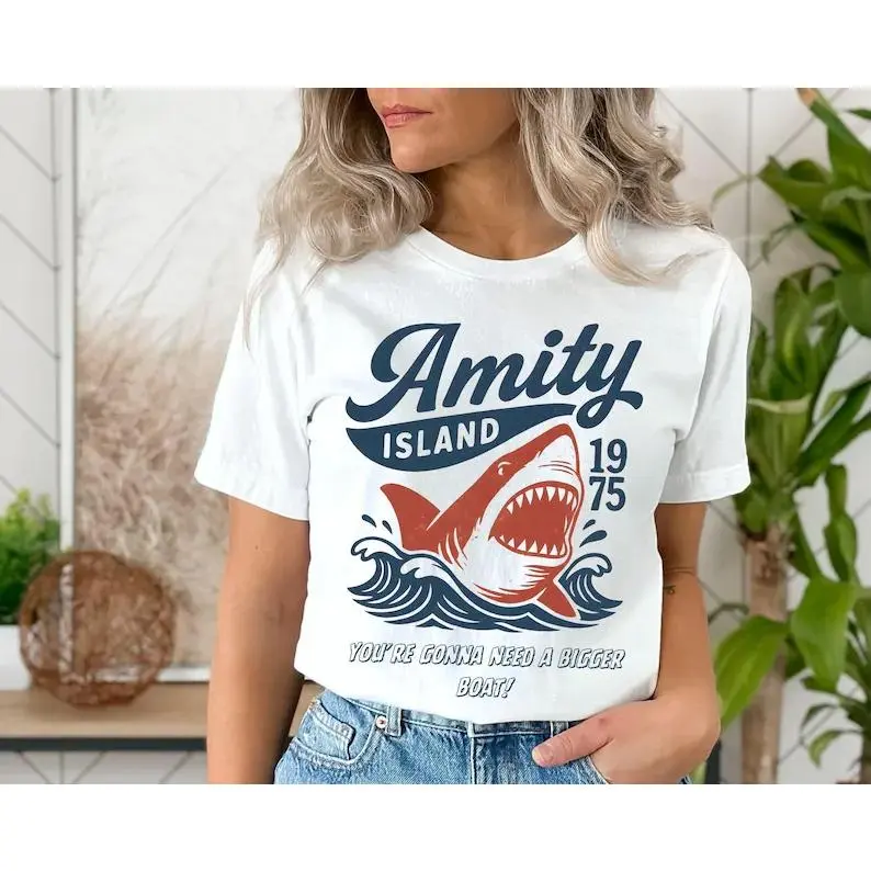 Jaws Amity Island 1975 Unisex Tee, Movie Inspired Gift, Cotton T-Shirt for Film Buffs, Retro Summer Shirt, Vintage Beach Tee, Positive Shirt