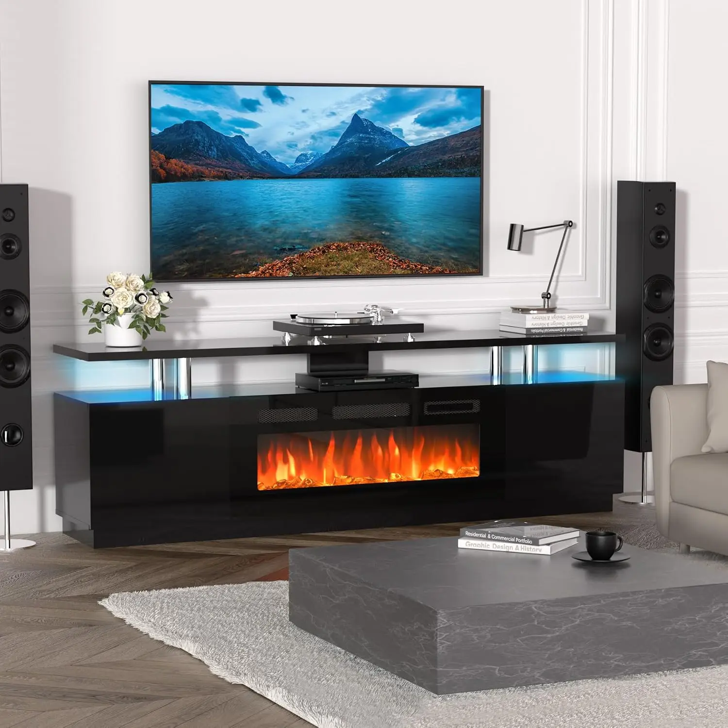 OP-60" Fireplace TV Stand with 30" Electric Fireplace TV Stand with Fireplace, 12 Colors LED Lights, 750W/1500W for Max 60 Inch TV, 2 Tier Storage 2 Door Cabinet Tv Stand with Fireplace