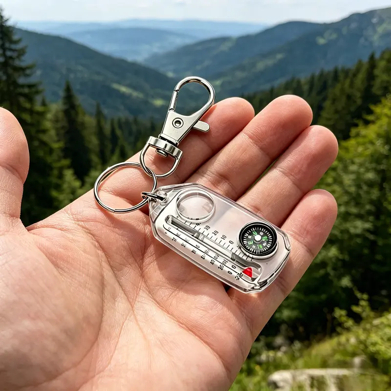 2pcs Portable Outdoor Multifunctional Keychain - Compass, Magnifying Glass, Dual-Scale Fahrenheit/Celsius Thermometer with Temperature Display, Battery-Free, Lightweight Camping Hiking Survival Gear