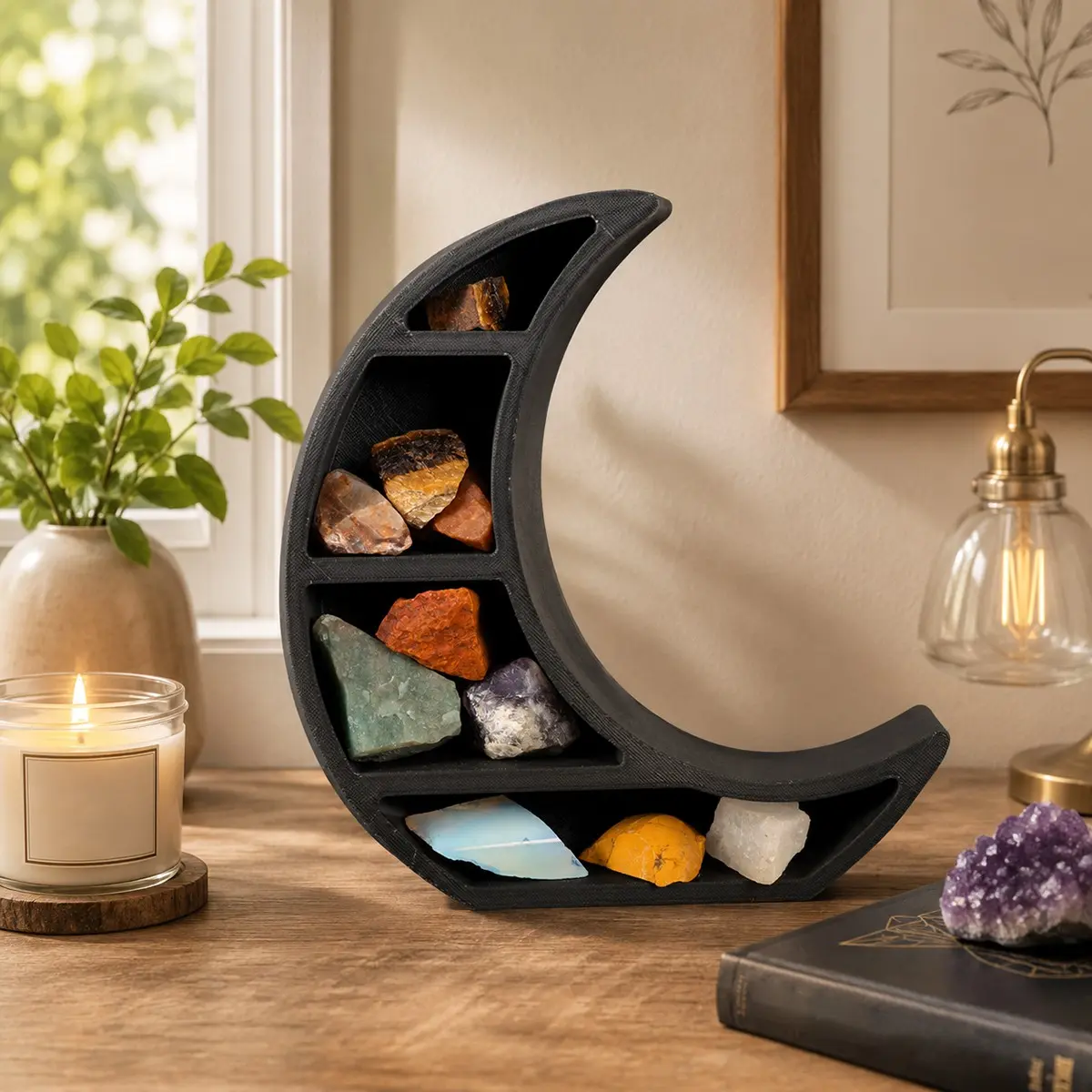 1PC Jewelry Trays & Organizers, Black Crescent Moon Multi Compartment Crystal Stone Display Shelf, Boho Gothic Desktop Mineral Storage Decor, Tabletop Organizer For Home Crystal Jewelry Stone Collection Display