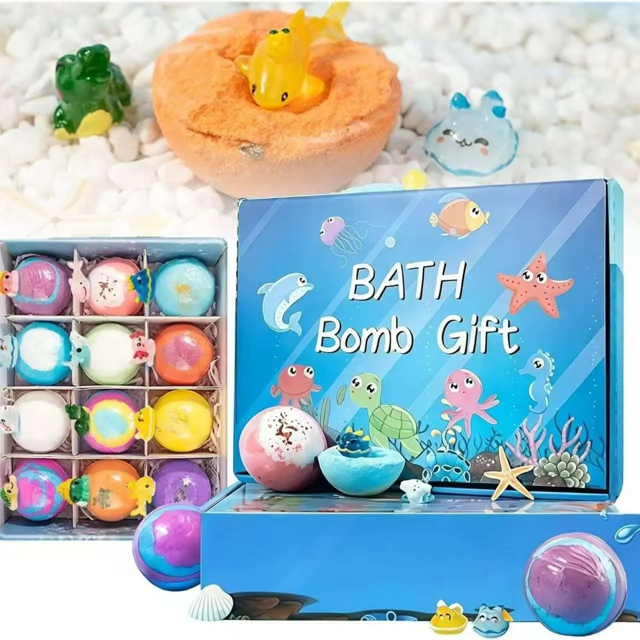 Kids Ocean Bath Ball Soap Balls, Bubble Bath Salt Balls, 12 Surprise Toy Blind Boxes, Colorful Explosive Bath Salts, Gentle Skin Care, Moisturizing Bath Ball