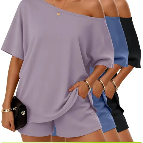 Women's Casual Minimalist Two-Piece Loungewear Set, Off-Shoulder Top & Loose-Fitting Elastic Shorts, Summer Nightwear Set
