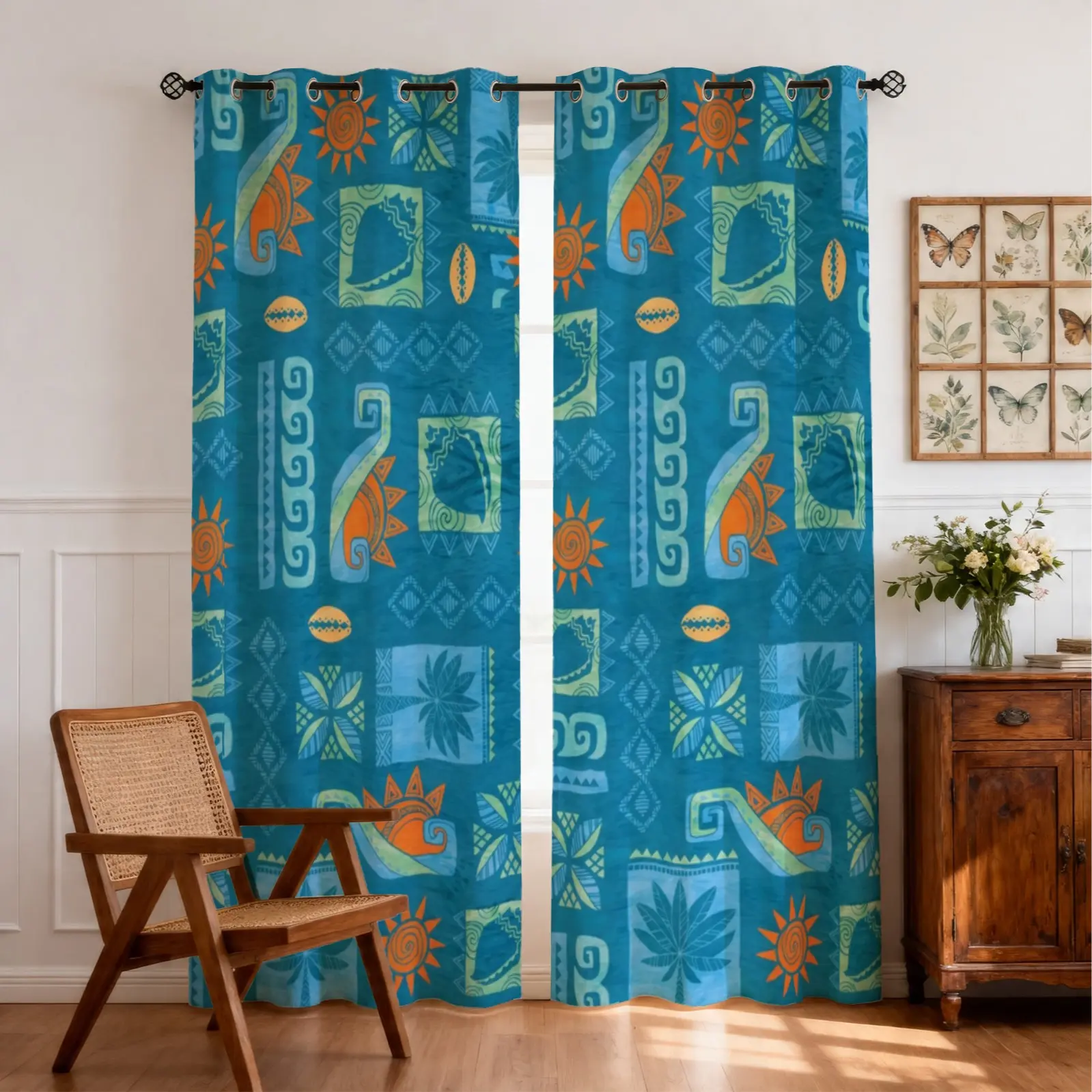 2pcs Hawaiian Tropical Tribal Palm Sun Blackout Curtains, 80% Shading Single Side Digital Print Coastal Boho Window Drapes for Bedroom Living Room Patio, Perfect Home P