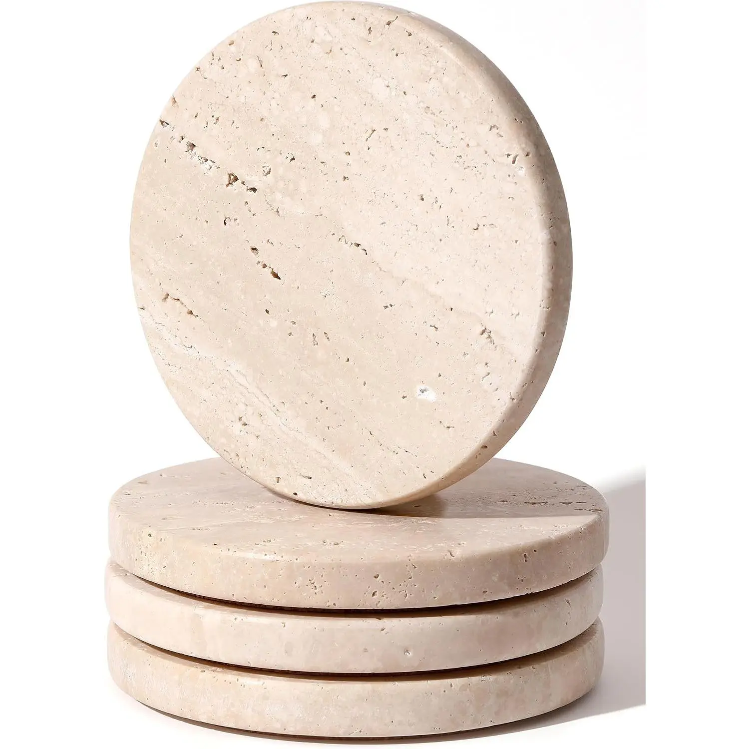Beige Travertine Coasters Set of 4 – Absorbent Marble Stone Coasters 4", Ideal Housewarming & Anniversary Gifts, Office Decor, Countertop Protection, Sturdy, Durable & ElegantGift