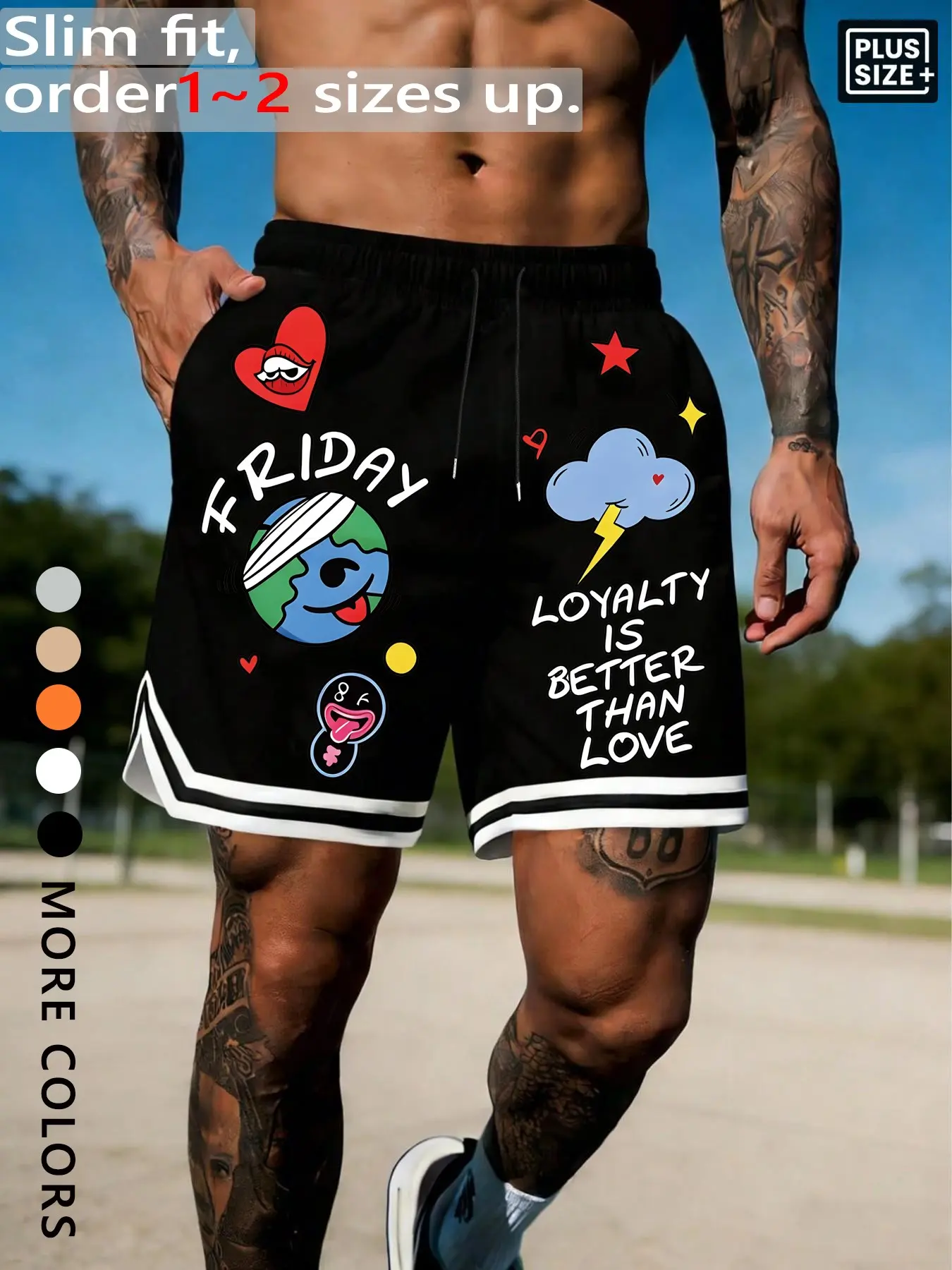 Men's Plus Size "Loyalty Is Better Than Love" Cartoon Graphic Basketball Shorts, Graphic Fitness Shorts, Casual Athleisure Shorts, Athletic Shorts Casual, Y2K Streetwear, Shorts for Gym, Skateboarding & Daily Wear