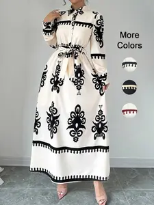 Women's Fashion Commuter Long Sleeve Button Front Shirt Dress with Belt, Classic Design, Geometric Pattern, Spring & Fall