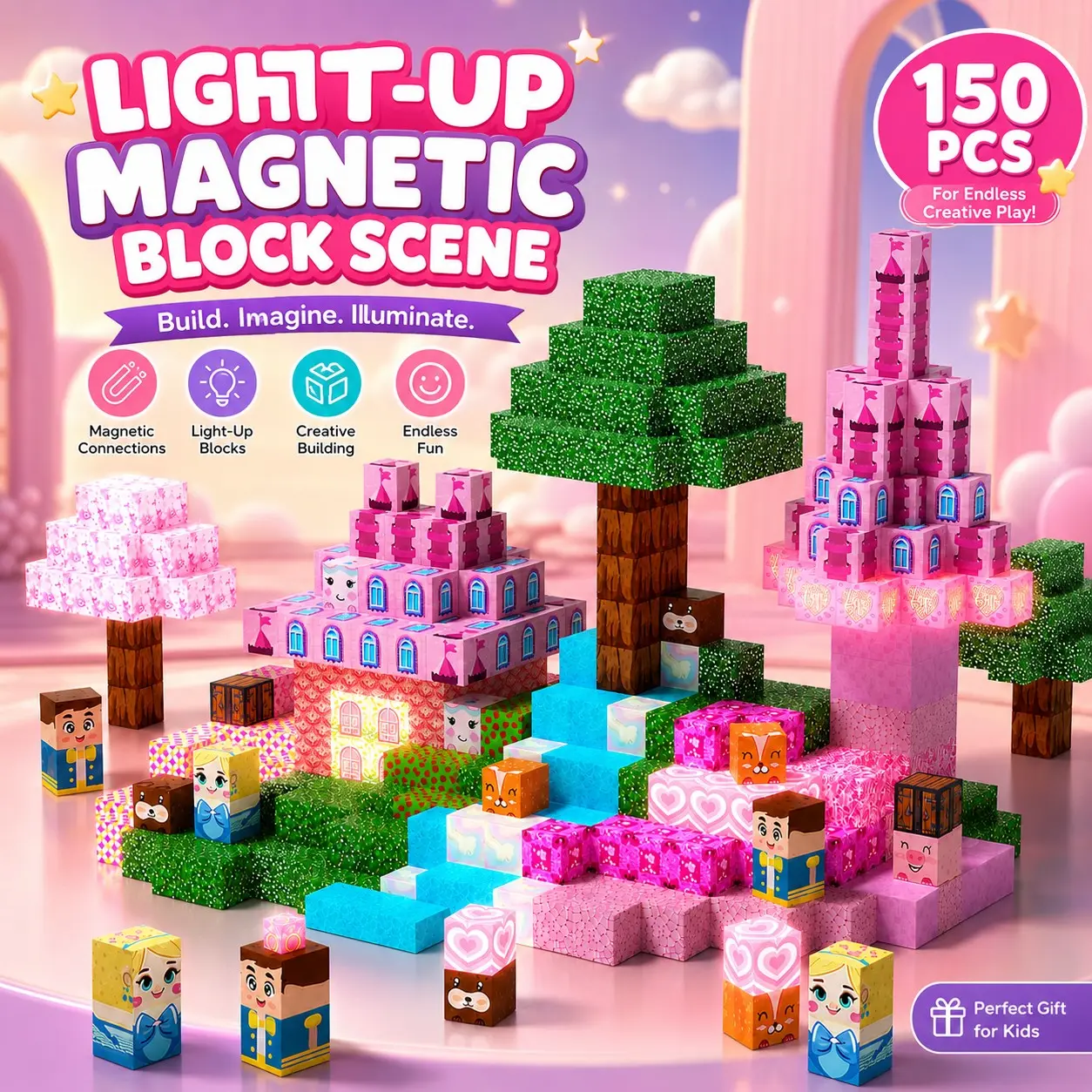 150-Piece Magnetic Building Blocks Set, Dreamy Princess Castle Forest Scene, Stem Creative Puzzle Toy, Kids Birthday Gift