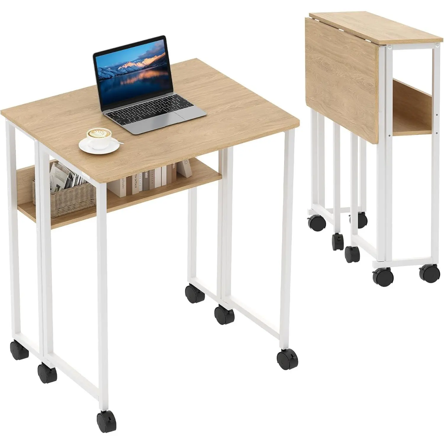 31.5in Foldable Writing Workstation - Space-Saving Home Office Table with Wheels, Storage Shelf, Modern Study Desk, Portable Computer Stand for Small Spaces, Dorm Use, Space Saving Table