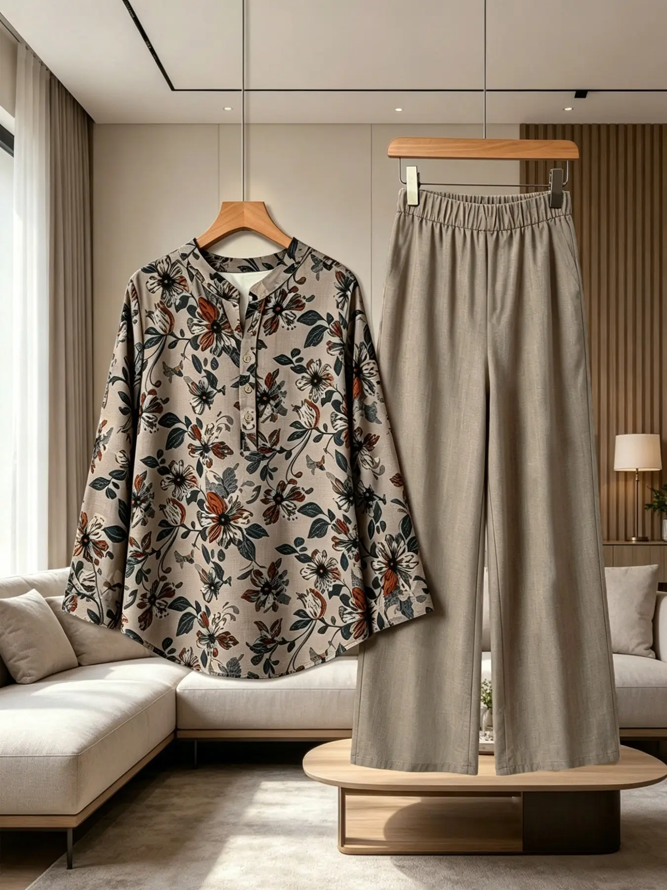 A set of women's fashionable apricot colored floral print light luxury casual suit, breathable and skin friendly fabric refreshing and comfortable, suitable for commuting to work, shopping and outdoor play, indoor and outdoor dressing, Casual Summer Set