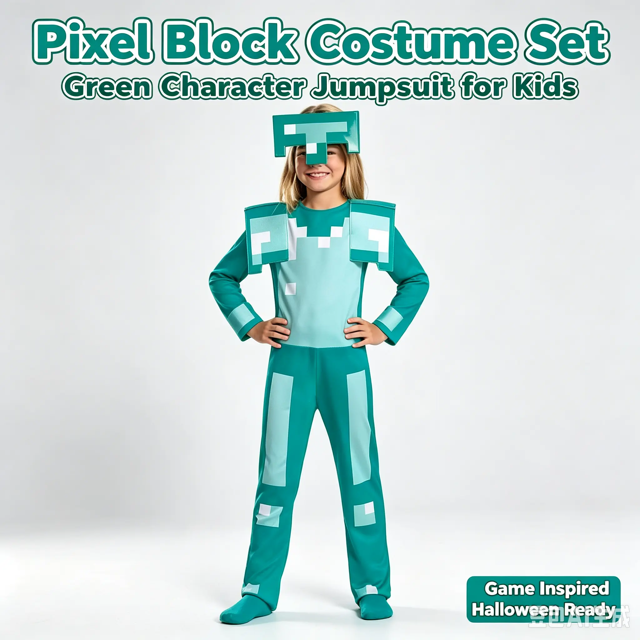 Green Pixel Block Costume Set for Kids | Video Game Character Jumpsuit with Helmet, Armor & Guards for Halloween, Parties & Stage Shows