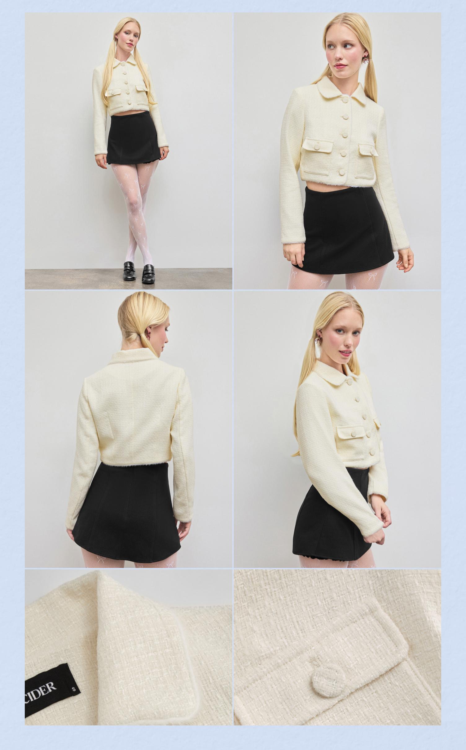 Cider [size 2-10] Tweed Collar Solid Button Pocket Crop Jacket