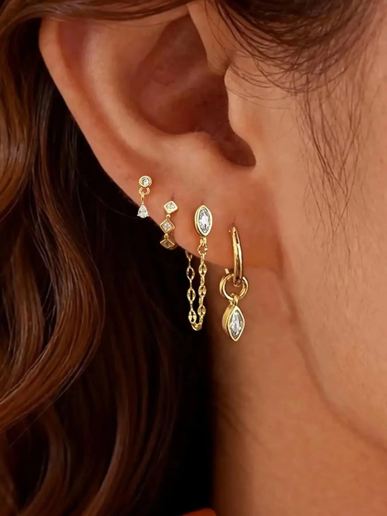 Elegant 14k Chain Earrings Set, Hypoallergenic Small Circle Studs, Fashionable Dangle Ear Jewelry, Summer Party Accessories, Earring Stack