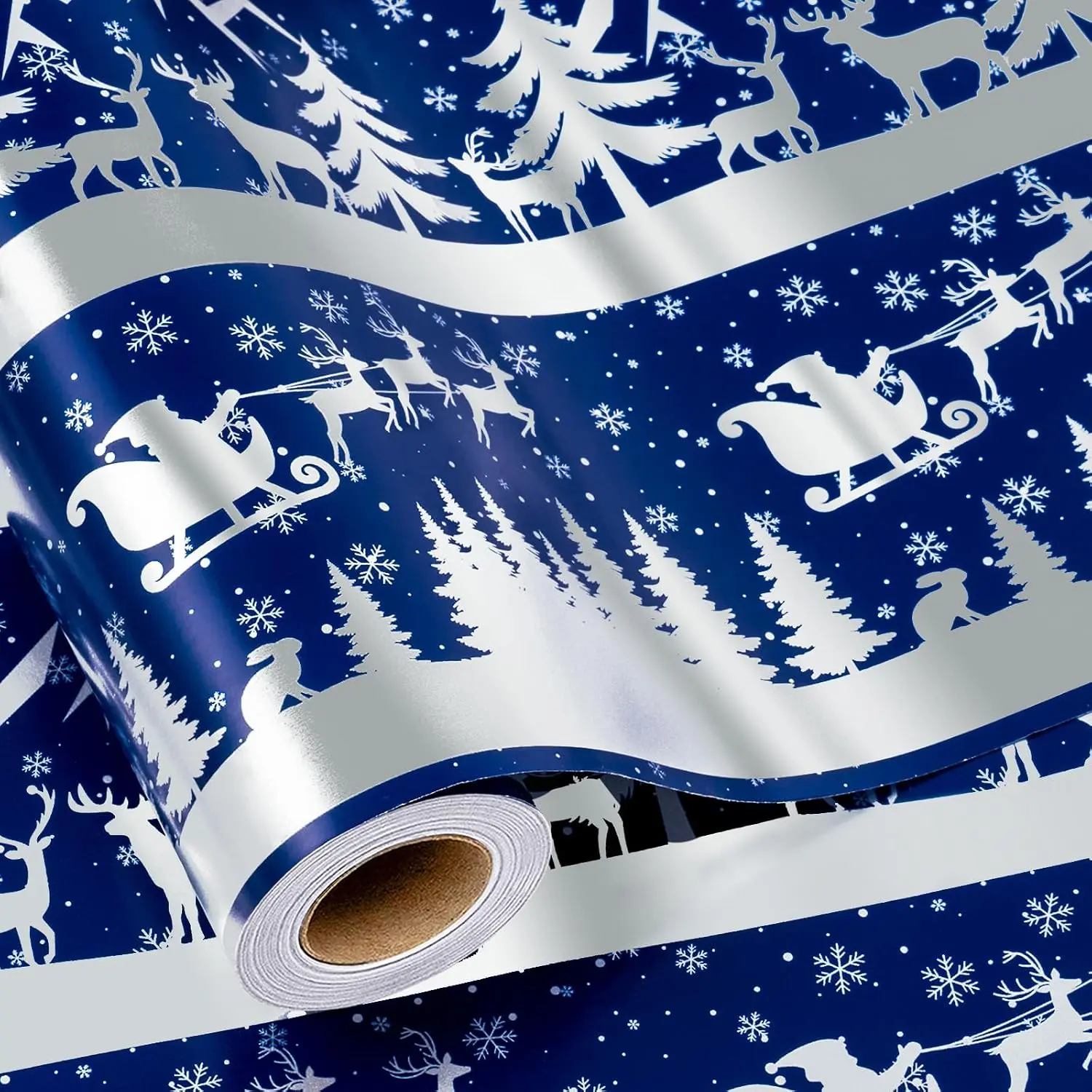 Christmas Wrapping Paper Roll - Winter  Wrap Paper Blue and  Sleigh Forest Scene with Cutline  Reverse for Christmas, Holiday, Birthday and Party Celebration - 17 Inch X 33